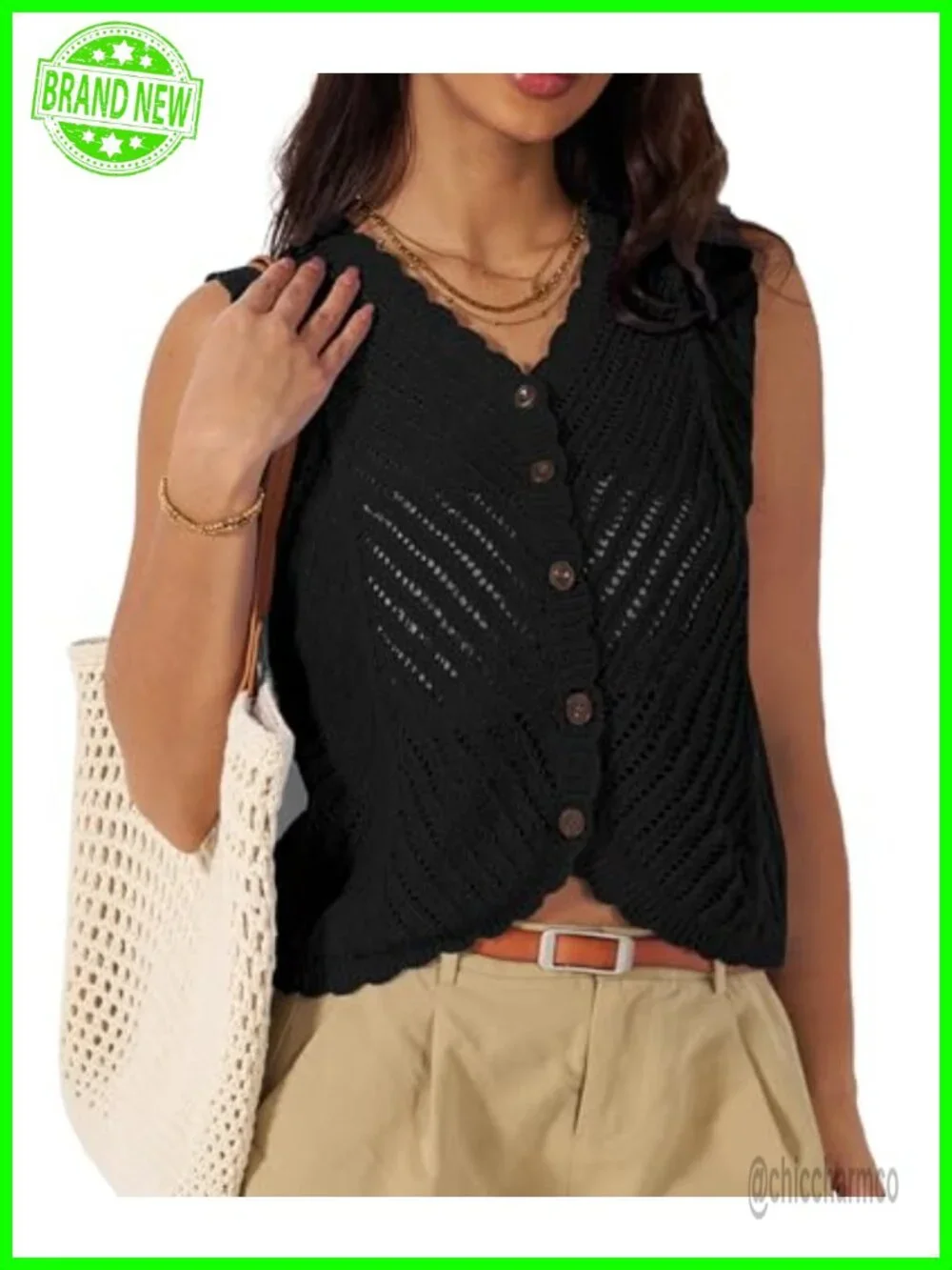 Sleeveless Crochet Sweater Vest Button Up Knit Vest Summer Vacation Top